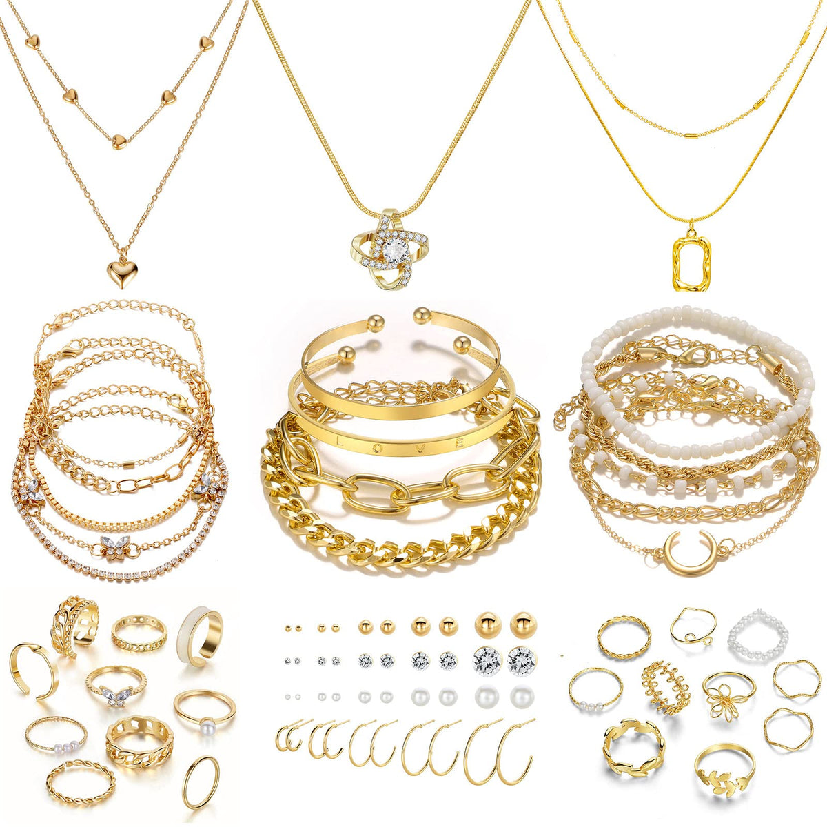 Women's Accessories - 36-Piece Gold Plated Jewelry Set Necklaces Bracelets Earrings Rings Gift